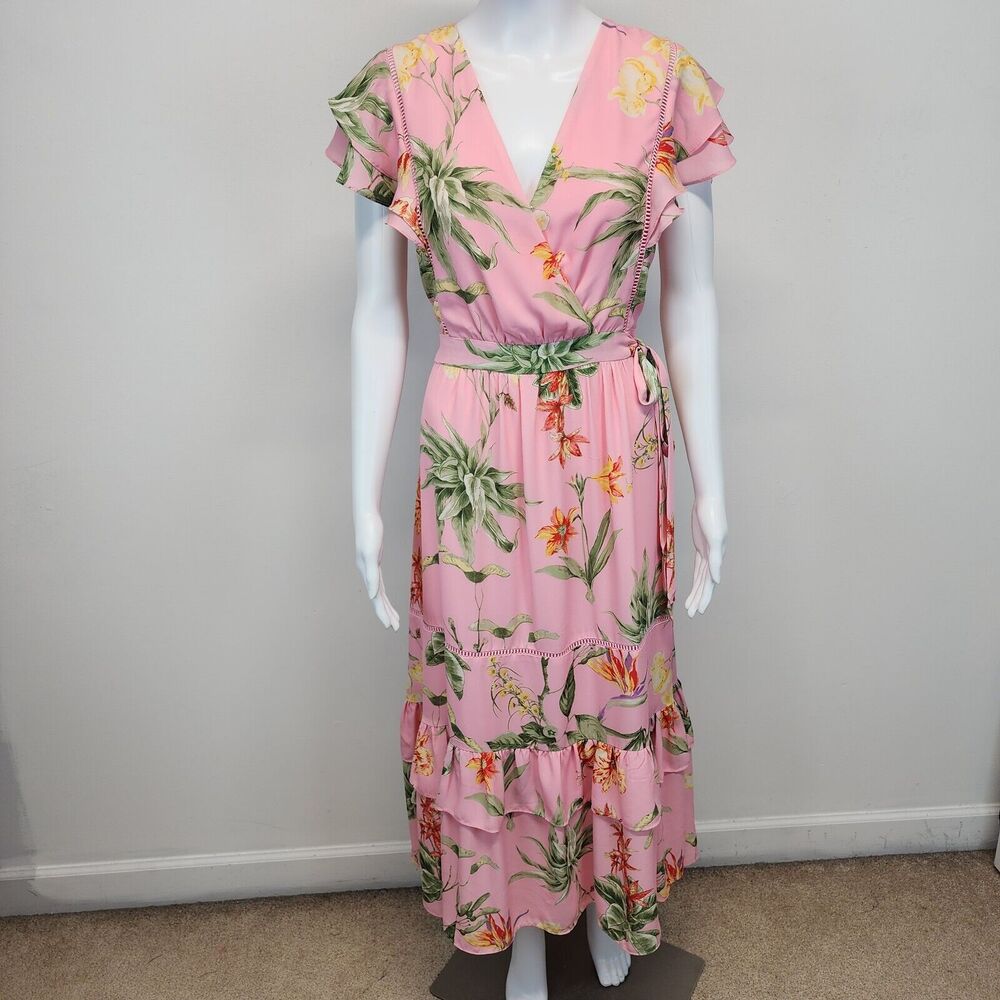 Gibson & Latimer Floral Midi Dress Size 8 Pink Flutter Tiered Garden Cottagecore